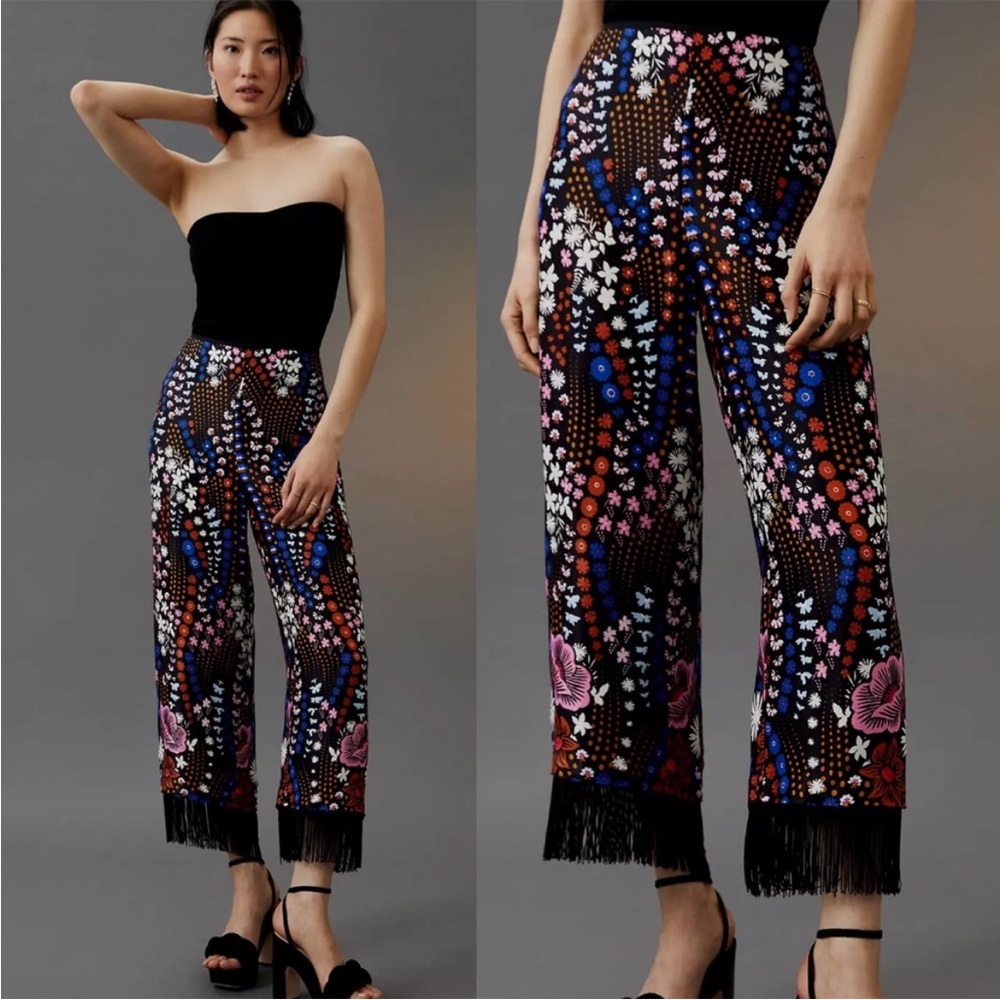Anthropologie Maeve Floral Satin Wide Leg Fringe Pants in Size 0